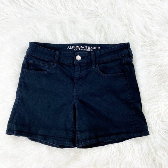 🦋 AMERICAN EAGLE Black Midi Jean Shorts High Rise 8 - Picture 2 of 6